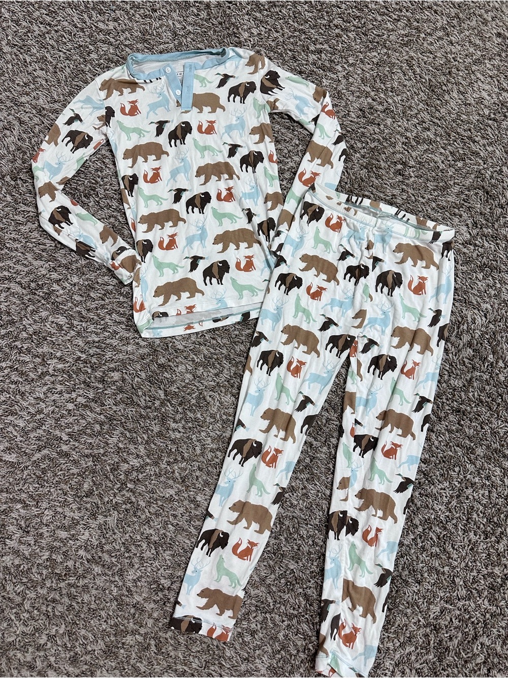 Kickee Pants White Kids Pajama Set with Brown, Black & Mint Animal Print